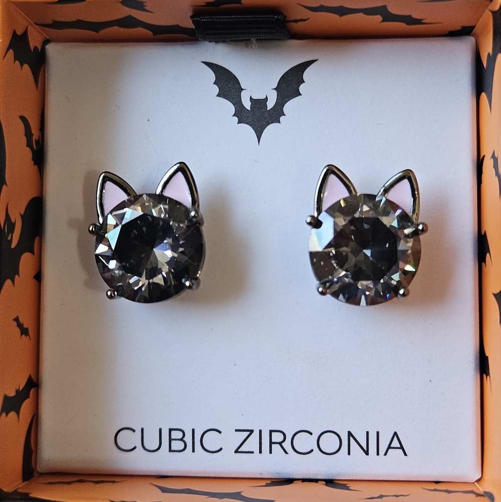 Bella and Jack Stud Earrings Hematite Tone Cat Head Black Cubic Zirconia Accent